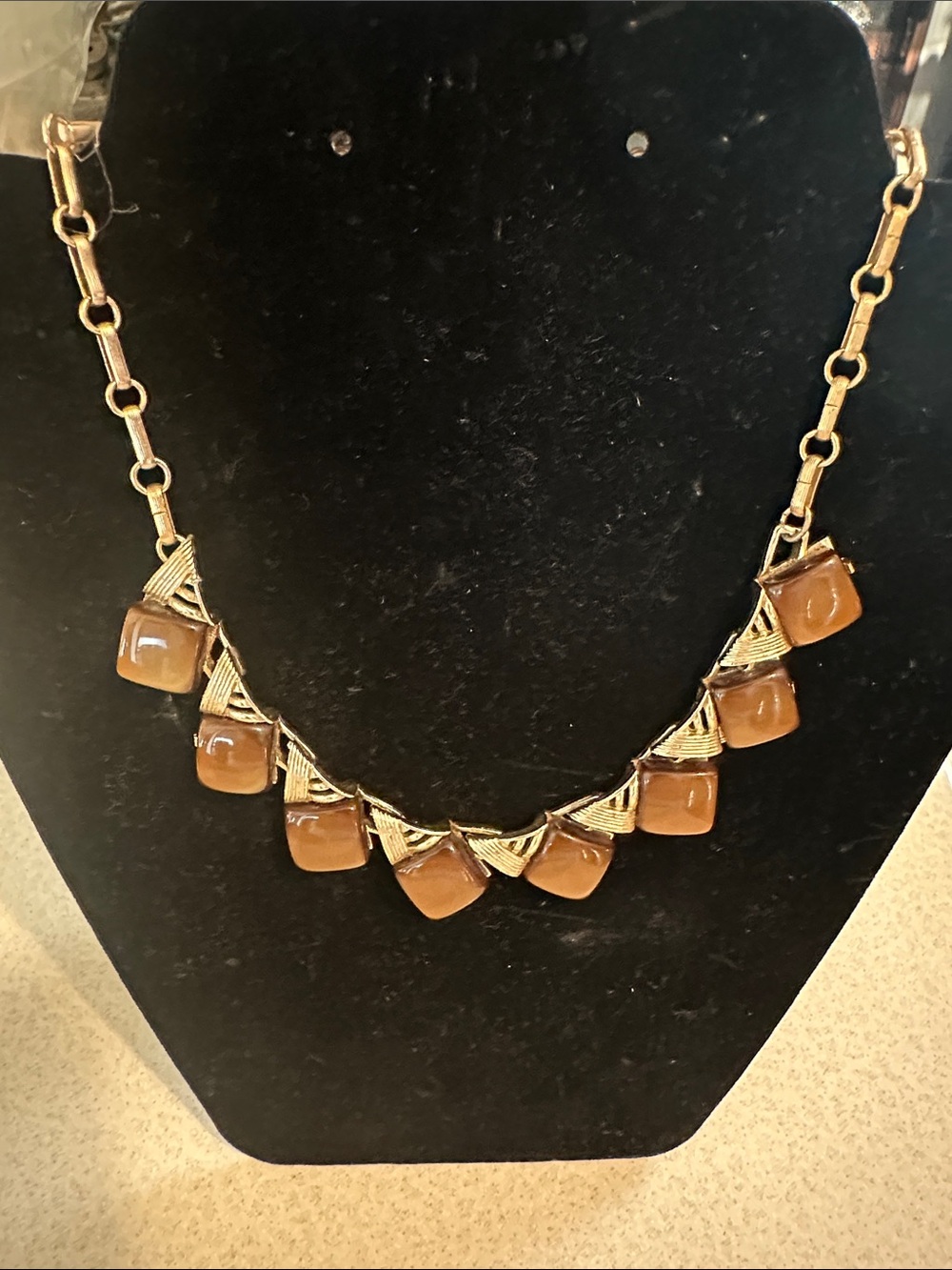 Vintage Coro Gold-Tone Necklace with Brown Stone Accents  (842)